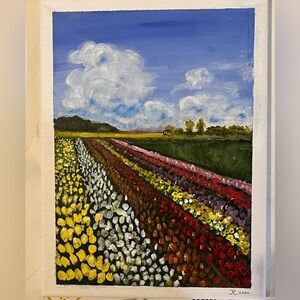 Original acrylic painting of tulip field 9x12